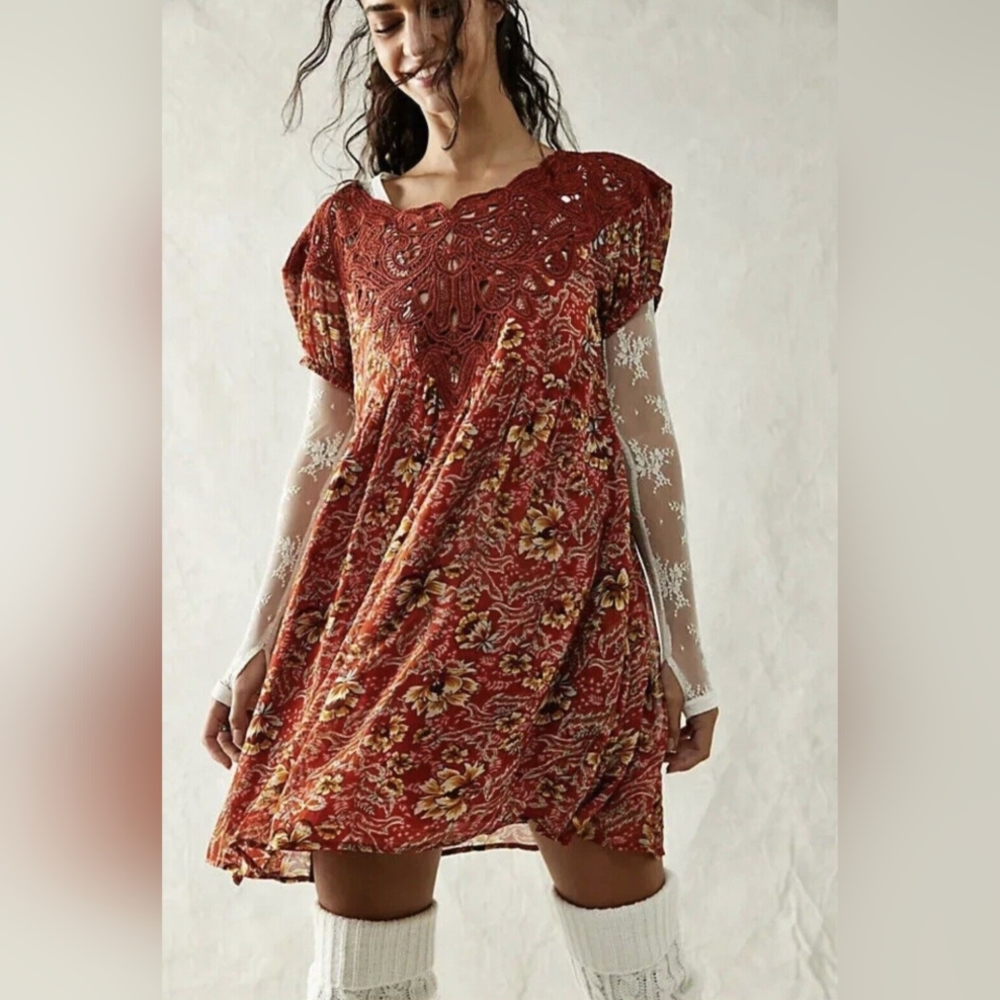 Free People Margot Printed Dress Floral Babydoll Puff Sleeve Scoop Neck